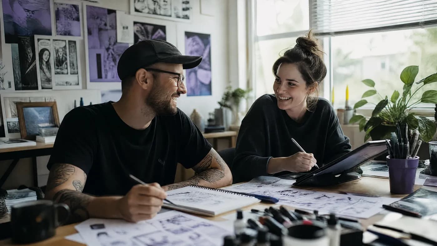 Deux illustrateurs travaillant côte à côte sur une tablette graphique