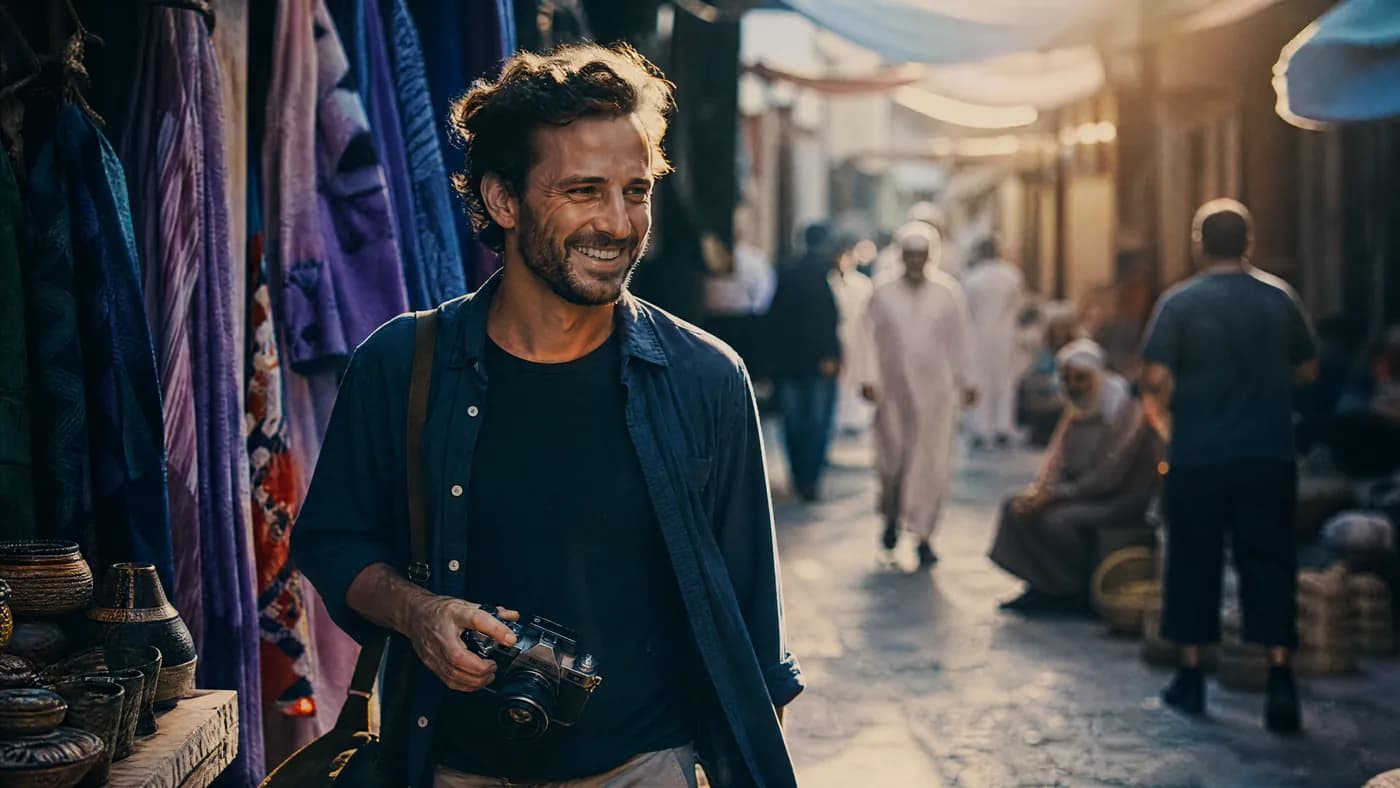 Photographe en reportage, appareil à la main